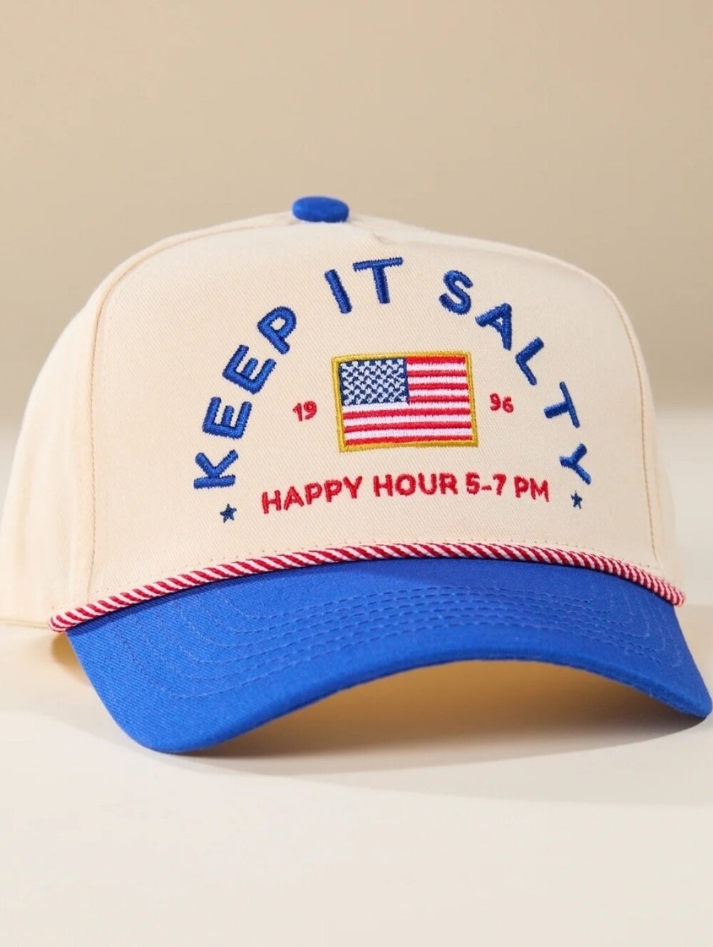 NWT Altar'd State 'Keep It Salty' Embroidered Trucker Hat in Cream & Royal Blue